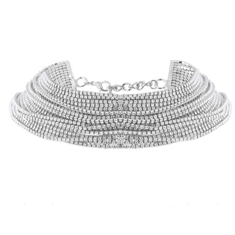 (Silver) - YERTTER Multi Layered Chain Rhinestone Choker Fully Diamond