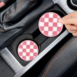 RHUAGYP Car Cup Holder Coaster, 2-Pack Drink Coasters for Car Accessories, Car Things Automotive Organization, Desk Use, Men and Women’s Must-Haves, Pink Checkerboard Felt Inserts Gift for Her