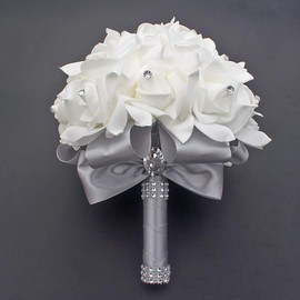 MOJUN Wedding Bouquets Crystal PE Roses Bridal Bridesmaid Wedding Hand Holding Bouquet Artificial Fake Flowers Toss Bouquet, Silver