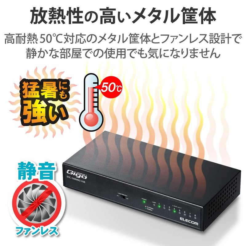 エレコム スイッチングハブ ギガビット 8ポート 金属筐体 マグネット付 電源内蔵 ブラック EHC-G08MN2-HJB