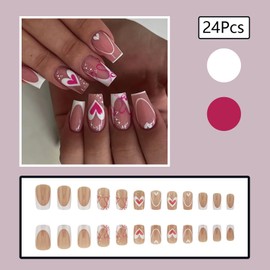 24 Pcs Cute Heart Press on Nails Medium Fake Nails with Glue White French Tip False Nails with Glitter Stripe Design Valentine’s Day False Nails with Design Glossy Glue on Nails Medium Nails for Women