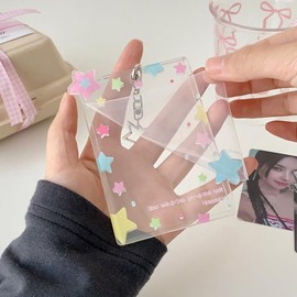 Belmeri 2 Pack Photocard Holder Keychain, Cute Acrylic Pc Photo Card Holder with Star Pendant, Clear Hard Protective Case for 2.75 Inch Photo Cards, ID, Bus Cards, Star Photocard (Black + Purple)