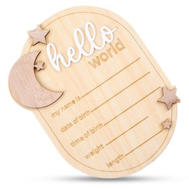 Baby Name Announcement Sign 6.3 Inch Wooden Hello World Newborn Welcome Sign Moon And Stars Baby Welcome Sign Babys Birth Announcement Sign Name Plaque for Photo Props Hospital Nursery