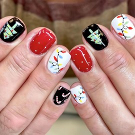 Christmas Press On Nails Short Square, 24Pcs Christmas Fake Nails Christmas Nail Accessories for Women Girls Red, Black White Nails with Christmas Lights, Candy Cane, Tree Designs