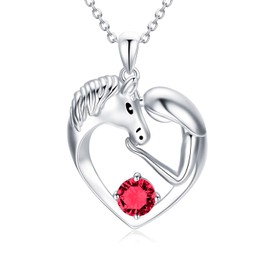 Horse Necklace Sterling Silver Women's Heart Pendant Necklace with Birthstone Crystals, Horse Jewellery Birthday Gift for Girls Women, Silver, Simulated Ruby