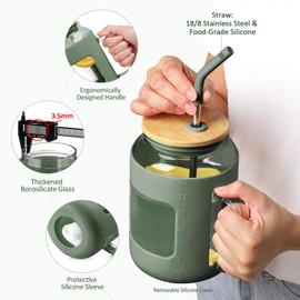 WINSA 50 oz Glass Water Bottles with Silicone Sleeve,Glass Tumbler with Lid and Straw,Iced Coffee Cup with Handle,BPA Free-Olive