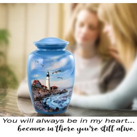 Lighthouse Urn - Full Size Portland Head Lighthouse Cremation Urn – Adult Urns for Men and Women – Ocean Blue Funeral and Memorial Urns for Human Ashes Upto 210 Lbs with Velvet Bag (Large)