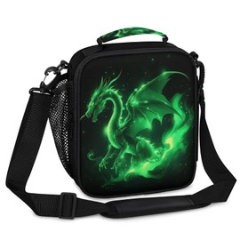 KATHRYNAYA Green Dragon Kids Lunch Box Boys Insulated Lunch Bag Reusable Portable Lunchbox with Adjustable Shoulder Strap and Water Bottle Holder for Work School Travel
