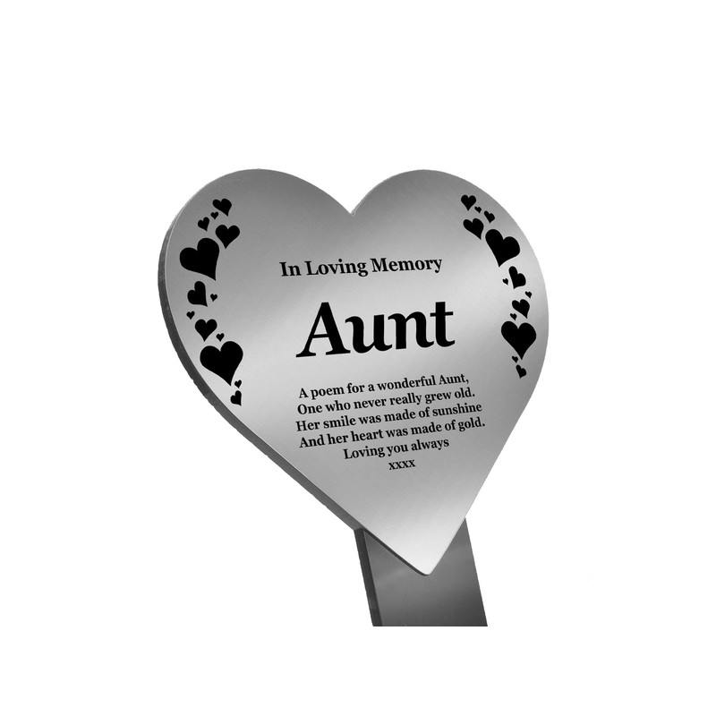 AUNT Heart Memorial Remembrance Plaque Stake - Silver Acrylic, Waterproof,