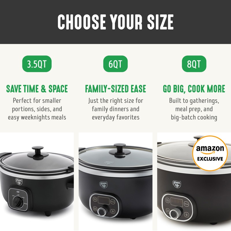 GreenLife 3.5QT Slow Cooker, PFAS-Free Non-Toxic Ceramic Nonstick Removable Interior
