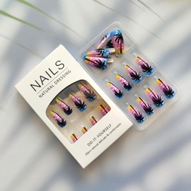 Medium Press on Nails Summer Fake Nails with Coconut Tree Designs Coffin False Nails Purple Sunset Clouds Artificial Acrylic Nails Glue on Nails Full Cover Stick on Nails for Women 24Pcs