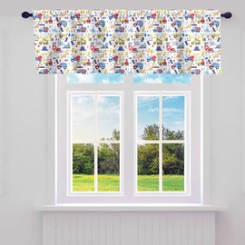 Cartoon Car Curtains Valances 1 Panel 52"x12" Construction Dinosaur Kitchen Curtains Valances Equipment Trucks Curtain Valances for Windows Cute Vehicles Kawaii Jungle Red Yellow Blue Window Treatment