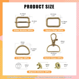 Rustar 100Pcs Purse Hardware Buckles Bag Making Assortment Kit Includes Swivel D Ring Hooks Clasps Slide Buckles Snap Button