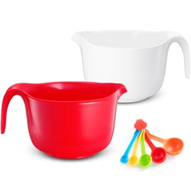 Osnell USA Large Mixing Bowls with Handles 3.6 qt - 2 Pc Plastic Nesting Bowls for Kitchen, Lightweight Batter Bowls, Easy to Clean + 5 Measuring Spoons Set