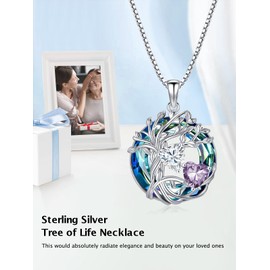 TOUPOP Family Tree of Life Pendant Necklaces for Women 18k White Gold Plated 925 Sterling Silver 2 Heart Birthstone Necklace with Austrian Crystal Jewelry Valentines Day Christmas Gifts for Women