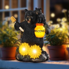 Solar Garden Decor Mother Baby Statues 7.2"Resin Bear Figurines with Welcome Sign Waterproof Black Bear Decor for Outside Yard Patio Porch Decoration Gift for Mom Grandma Sister Wife Female Friends
