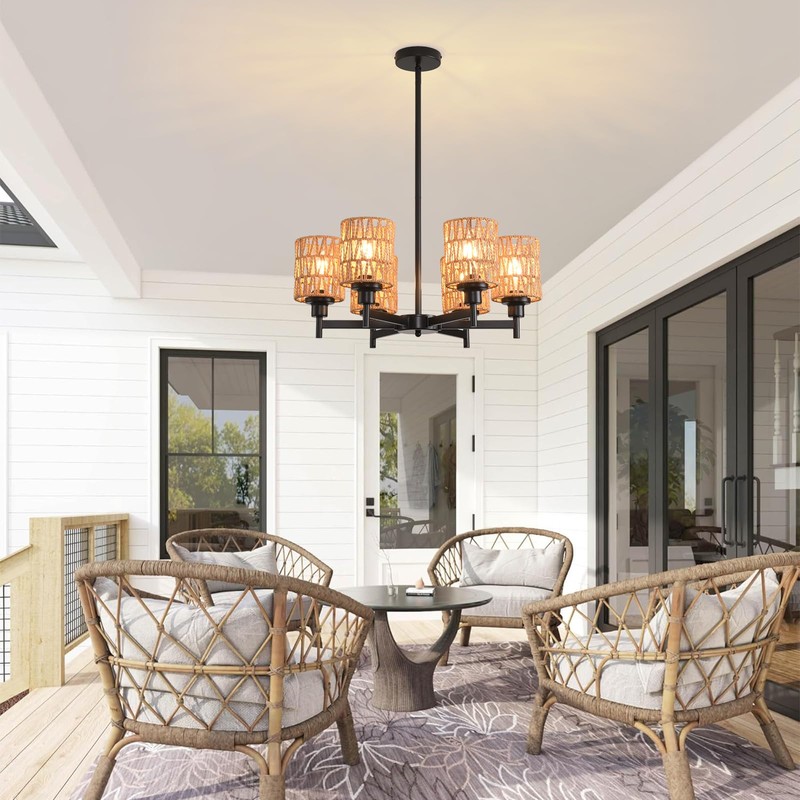 Giawosth 6-Light Black Rattan Chandelier for Kitchen Island, Farmhouse Boho