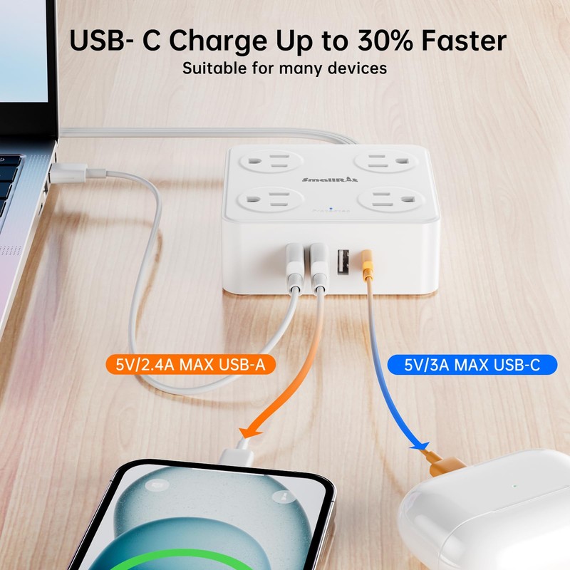 Flat Plug Power Bar with USB C, SMALLRT 6.5FT Flat
