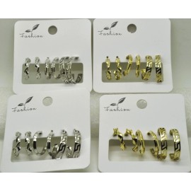 12 PAIRS/4 CARD SILVER & GOLD 3 STYLE MIXED SIMPLE THIN HOOPS FASHION EARRINGS