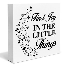 Inspirational Decor Farmhouse Find Joy in the Little Things Wood Box Sign Motivational Decorations Rustic Home Office Desk Shelf Tabletop Decor 5 x 5 Inches