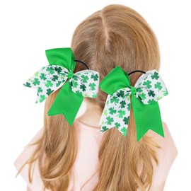 St Patricks Cheer Bows Girls Green Glover Shamrock Hair Bow St Patricks Day Pony Tail Bow JHSP41 (2 Pcs Set-C)