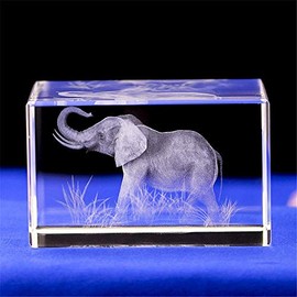 Elephant Gift/3D Laser Engraved Crystal Art of Elephant Figurines Crystal Glass Cube Engraving for Home Decoration Birthday Kids Men (50x50x80)