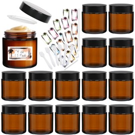 Yokodaza 15 Pack 4 oz Glass Jars with Lids, Amber Refillable Containers with Inner Liners - Empty Cosmetic Jars with Labels & Spatulas for Makeup Lotion Candles Jam Storage