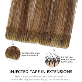 COOKAYU Injected Tape in Hair Extensions Human Hair,Medium Brown to Caramel Blonde Invisible Human Hair Tape in Extensions Seamless 20pcs 30g 14Inch