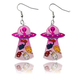 twinkle eye Acrylic Animal Fun Cat UFO Dangle Earrings 70'S 80'S Retro Shiny Disco Ball Earrings Lovely Cat Earrings for Women Dance Party Costume Jewelry Gifts