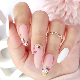 Medium Press on Nails Almond Fake Nails with Floral Designs Glue on Nails Pink White Full Cover Acrylic Nails Press ons Medium Almond False Nails Matte Artificial Stick on Nails for Women 24Pcs
