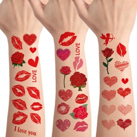 Valentines Day Temporary Tattoo- 10 Sheets Kiss Tattoos Temporary Adult, 83 Pcs Red Lip Kiss Mark Temporary Tattoos, Love Heart Rose Angel Tattoo Stickers for Women Valentine's Day Decorations