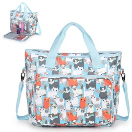 Yarn Storage Organizer Travel Crochet Bag, Large Capacity Tote Bag Knitting Bag for Carrying Projects, Knitting Needles, Crochet Hooks and Yarn, Cute Blue Cat