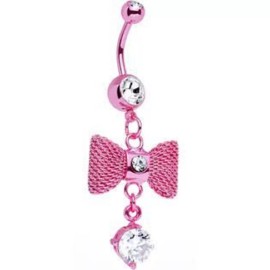 LionGothic Hot Pink Bow Dangle with CZ Belly Button Ring 14ga