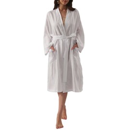 Amazhiyu Womens Pure Linen Mid Length Kimono Robes Lightweight Long Sleeve Bathrobe White, S-M