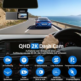 Dash Cam Car Front 2K with WiFi & Dash Cam Car 64GB Card, Super Night Vision, 170° Wide Angle WDR, G-sensor, Loop Recording, Car Camera App Control, IPS Screen, 24-Hour Parking Mode with Motion
