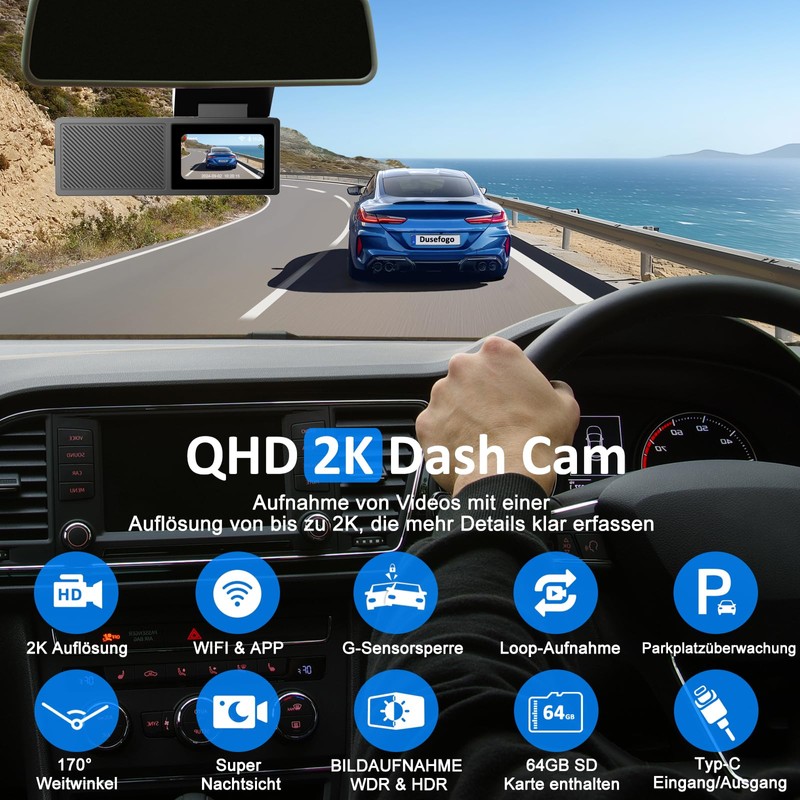 Dash Cam Car Front 2K with WiFi & Dash Cam