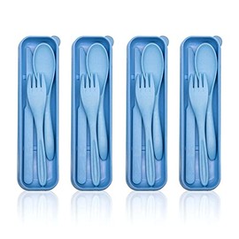 EcoGreen® - 4 Sets de Cubiertos de Paja de Trigo, Incluye: Cuchara, Tenedor y Cuchillo, Perfecto para Viajes u Oficina, 100% Biodegradables y Ecológic
