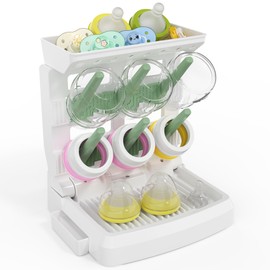 CINWWNI Baby Bottle Drying Rack for 6 Bottles, Vertical Cup Drying Holder, Space Saving Countertop Standing Bottle Dryer Rack for Baby Accessories & Pump Parts（Small White&Green）