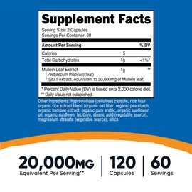 Nutricost Mullein Leaf Extract (20,000mg Equivalent) 120 Capsules - Vegan, 60 Servings