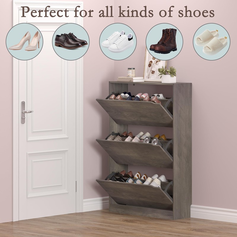 BORNOON Shoe Cabinet with 3 Flip Drawers, Hidden Wood Shoe