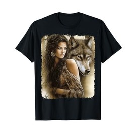 Woman and Gray Wolf Fantasy Art Painting T-Shirt