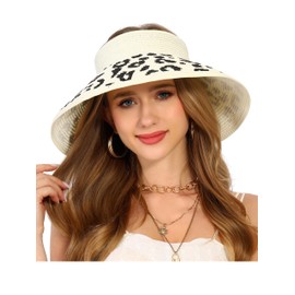 Womens Beach Straw Sun Hats Ponytail Hole Wide Brim Summer Visor Foldable Hat Sun Protection Packable(One Size,White with Leopard 2)
