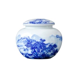 WF Large Ceramic Coffee Container, Tea Sugar Canister, Chinese Blue and White Porcelain Jar for Compatible with Home Decoration and Collectibles (37 oz)