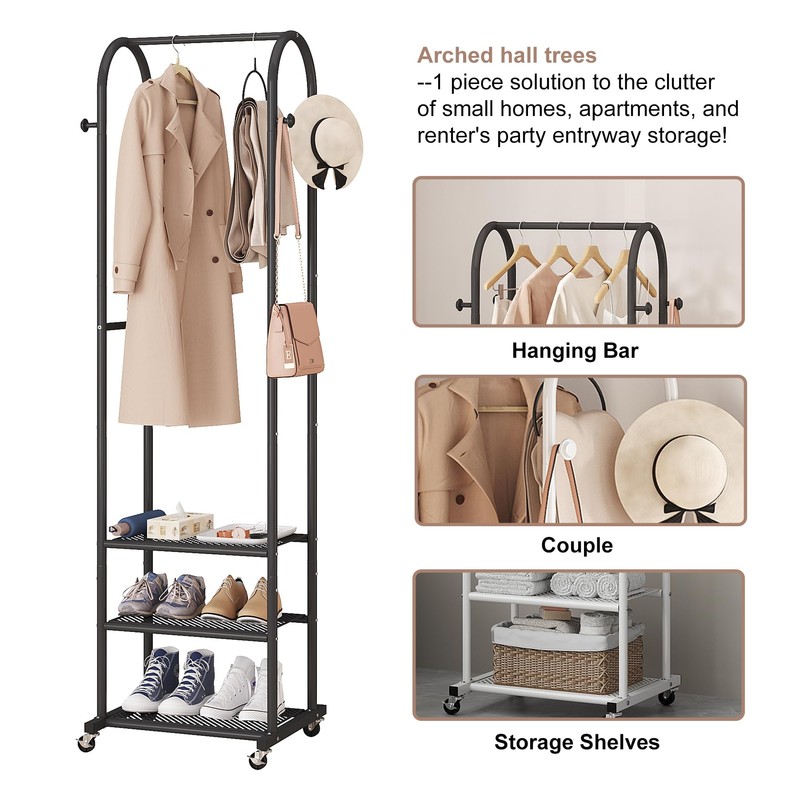 Hall Tree with Wheels and Hanging Hooks,Heavy-Duty Metal Coat Rack