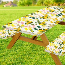 30X72 Inch 3 PCS Picnic Table Cover with Bench Cover Yellow Grid Lemon,Water-Resistant Fitted Tablecloth Polyester Fabric Backing Rectangular Elastic Edged for Camping Outdoor Patio Travel Fitted