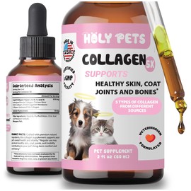 Holy Pets Liquid Collagen for Dogs & Cats – 5 Types I, II, III, V, X – Joint, Skin & Coat Support – Hyaluronic Acid – Hydrolyzed Bovine, Fish & Chicken Collagen – 2oz, 30 Servings