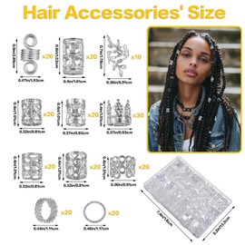 Tyqour Pack of 220 silver hair accessories for braids, dreadlocks jewellery, silver hair pendants for women, silver hair jewellery for braids, adjustable cuffs, hair beads, hair spirals for braids