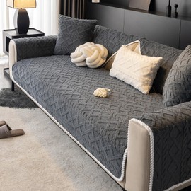 tianxinbaobei Geometric Jacquard Plush Sofa Cover,Non Slip Sectional Couch Cover,Warm Faux Fur Couch Cover(Dark Grey,36"x70"/3-Seater Sofa Cover)