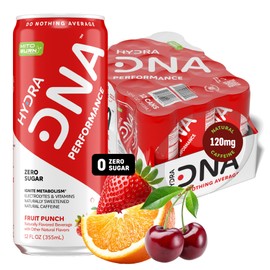 HYDRADNA- Clean Performance Drink, Zero Sugar | For Natural Fuel, Alertness, Boost, Stamina,120 mg Organic Caffeine, Natural Flavors, Zero Sucralose, Clean Ingredients (12 Pack) (12 Pack, Fruit Punch)
