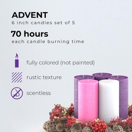 CANDWAX 3x6 Pillar Advent Candles Set of 5 - Rustic Pillar Candles Unscented and No Drip Candles - Ideal as Candles for Advent Wreath or Christmas Decorations - Purple Set of Advent Pillar Candles